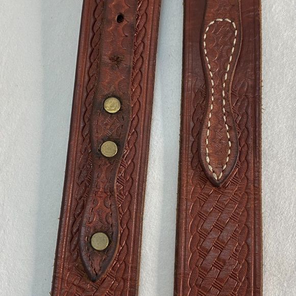 Mens Belt Large Waist Distressed Heavy Duty Tooled Leather Strap Buckle Overlay - Picture 6 of 11